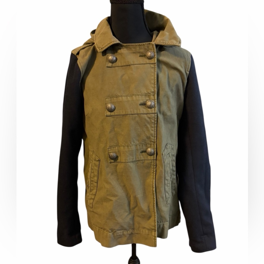 Olive/Khaki Women's Hooded Vest Jacket Sz Medium with Navy‎ Blue Sleeves